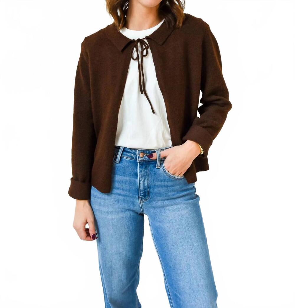 NEW THINGS BETWEEN charm open tie cardigan in chocolate brown